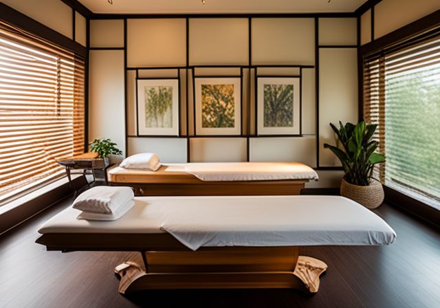 treatment room with acupuncture and massage tables