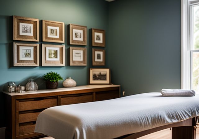 A peaceful acupuncture treatment room with calming decor and nature photography. A peaceful acupuncture treatment room with calming decor and nature photography.