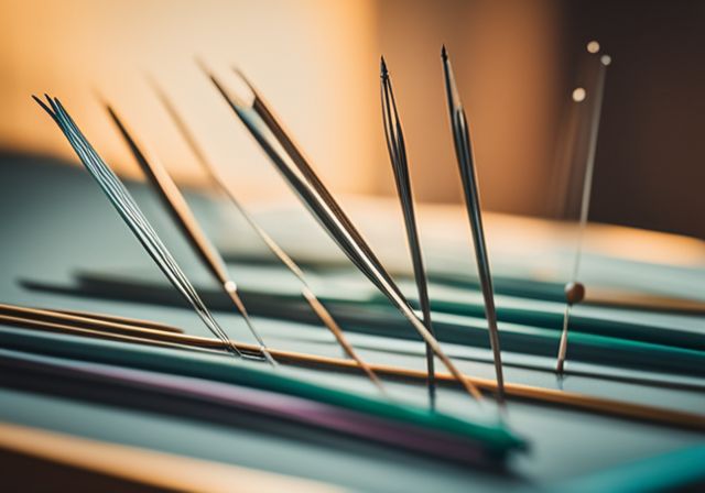 A photo of acupuncture needles arranged in a serene nature setting.