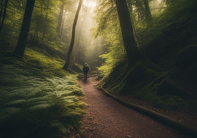 A peaceful forest with a winding hiking trail in nature photography. A peaceful forest with a winding hiking trail in nature photography.