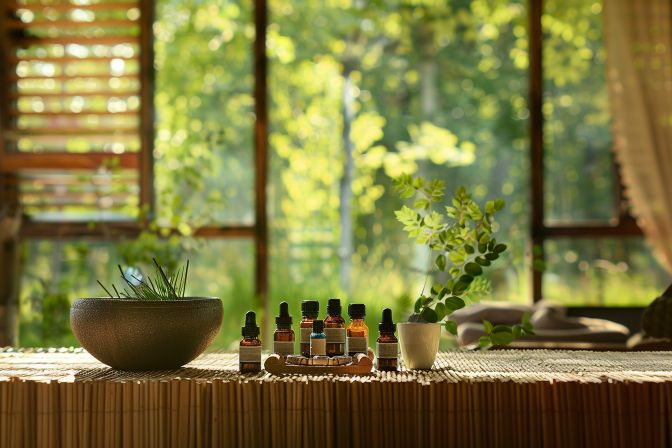 A calm home setting with essential oils, acupuncture tools, and nature photography for acupuncture at home. A calm home setting with essential oils, acupuncture tools, and nature photography for acupuncture at home.