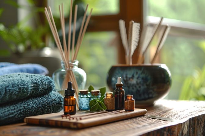 A calm home setting with essential oils, acupuncture tools, and nature photography. A calm home setting with essential oils, acupuncture tools, and nature photography.