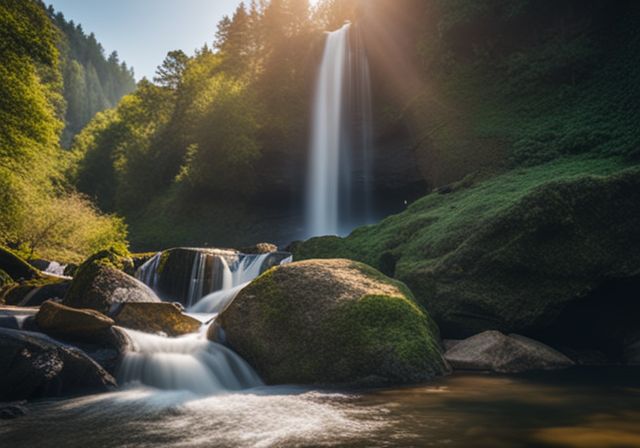 A tranquil nature scene with a serene waterfall and acupressure points.