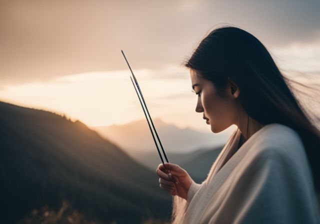 A serene landscape with acupuncture needles and natural surroundings.