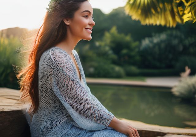 A person enjoying peaceful nature in a well-lit garden. A person enjoying peaceful nature in a well-lit garden.