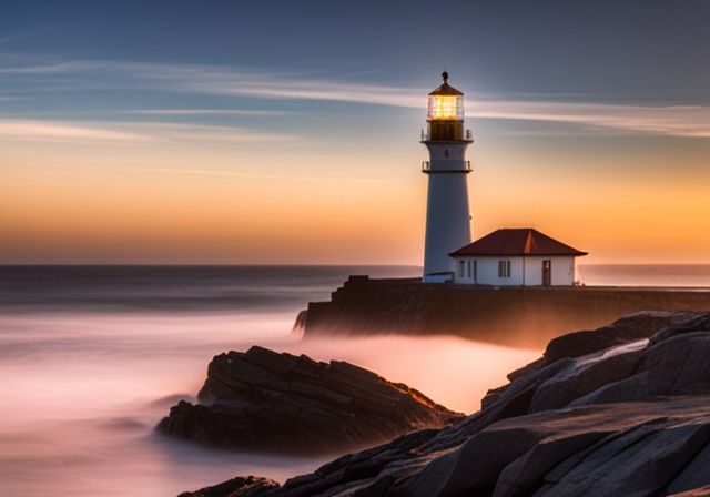 A lighthouse on a rocky cliff overlooking turbulent ocean waves. A lighthouse on a rocky cliff overlooking turbulent ocean waves.