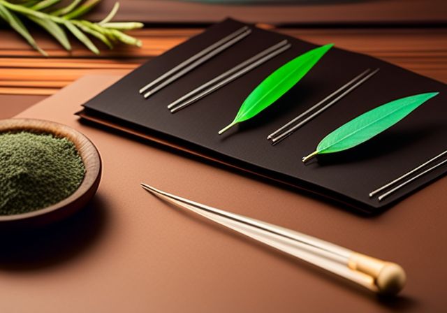 A set of acupuncture needles arranged on a traditional Chinese medicine table.