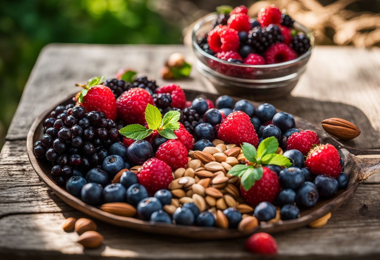 A still life composition of fresh berries and nuts in a garden.