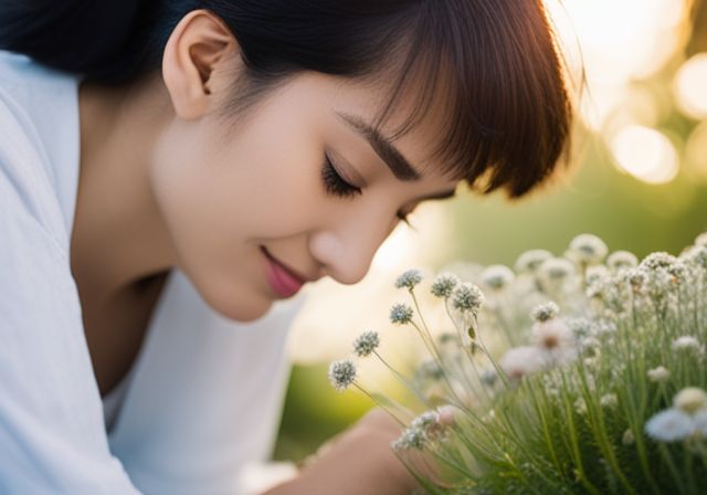 A garden with subtle acupuncture needles among blooming flowers.