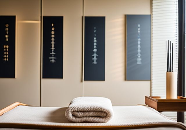 A tranquil spa room with acupuncture and acupressure tools.