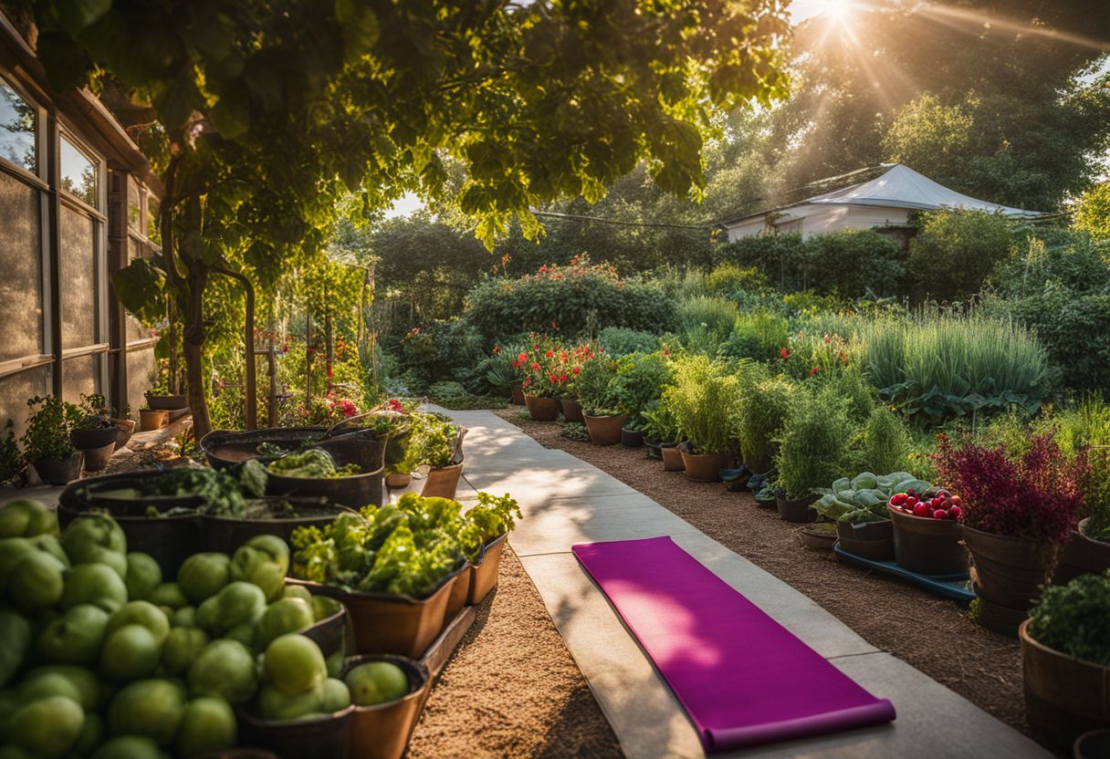 A vibrant and lush garden with a yoga mat in natural sunlight.