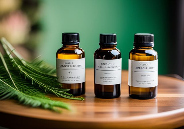 An array of green herbal remedies and essential oils at a spa.