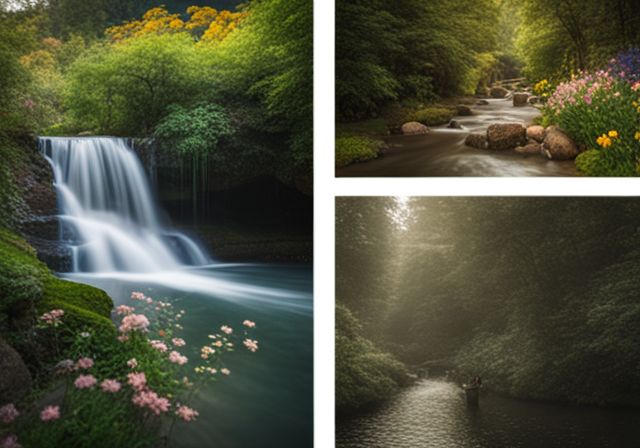 A serene garden with blossoming flowers and a calming waterfall.