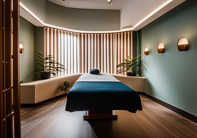 A tranquil acupuncture treatment room with calming decor and nature photography.