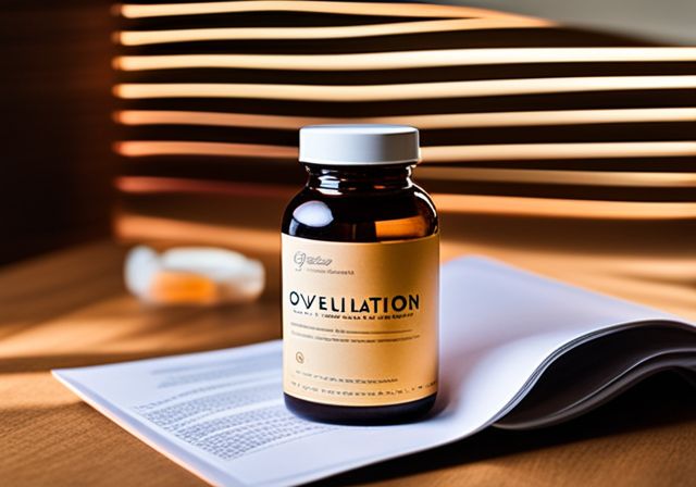 A bottle of ovulation supplements surrounded by scientific research papers.