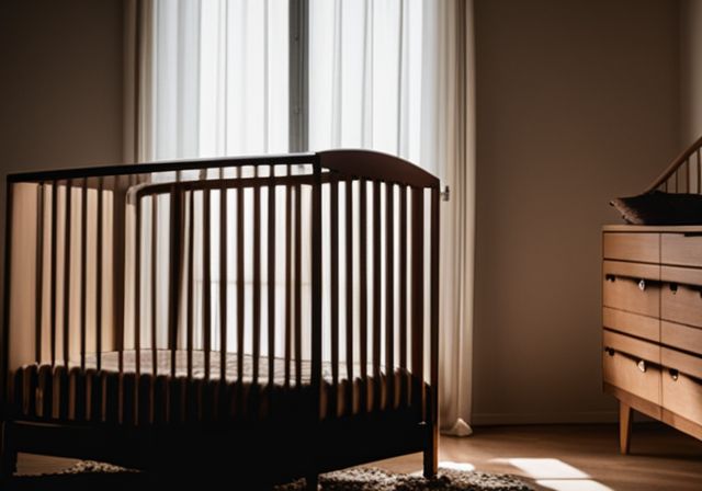 An empty baby crib in a dimly lit room with a shadow of a woman in the background.