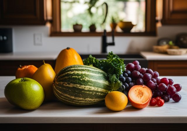 A variety of fresh fruits and vegetables on a kitchen countertop.