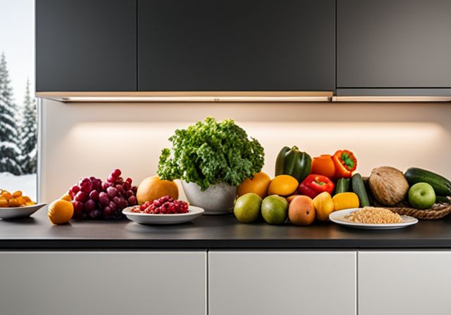 A colorful assortment of fresh fruits and vegetables on a kitchen counter. A colorful assortment of fresh fruits and vegetables on a kitchen counter.