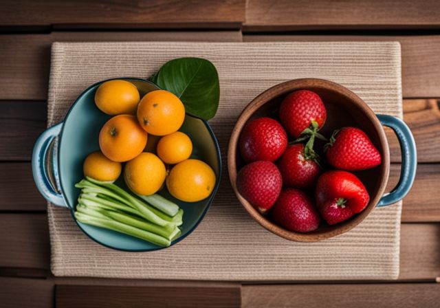 A variety of fruits and vegetables arranged on a wooden table in a garden.